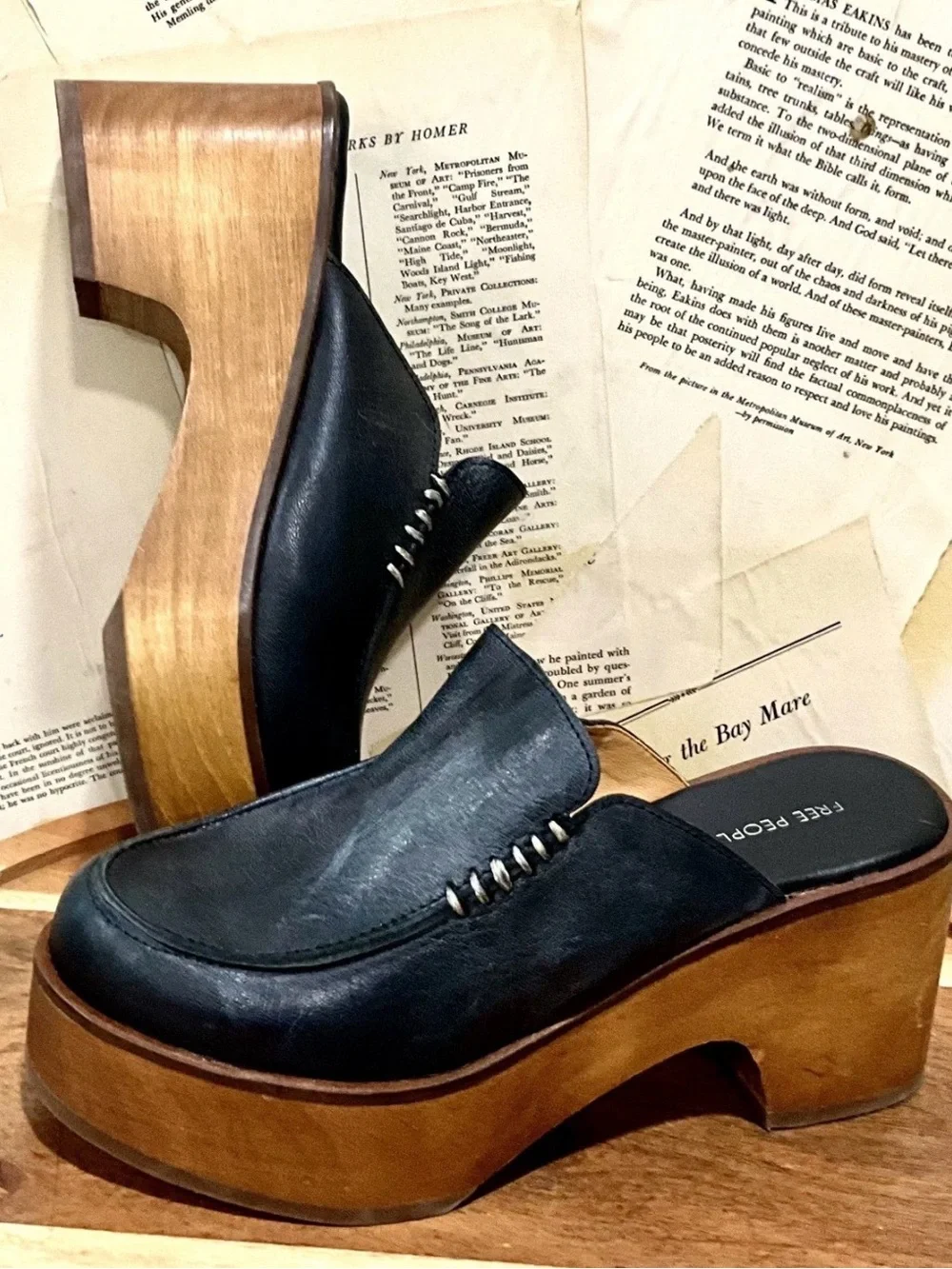 Free People Stitch Time On Platform Mule Clog Black Leather Sample